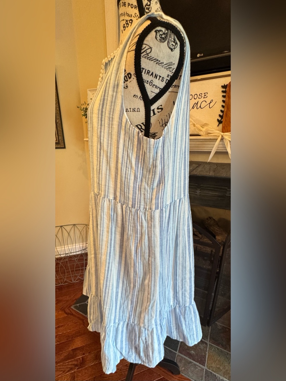 Ronni Nicole Sleeveless Linen Blend Babydoll Dress Blue White Stripes Ruffle LRG - Picture 8 of 11